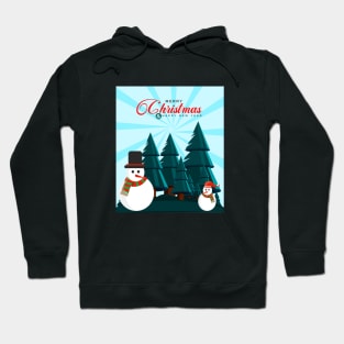 Merry Christmas and New Year greetings with snowman and pine tree with snow Hoodie